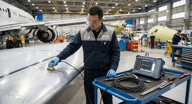 An operator in aerospace performing an Eddy Current test