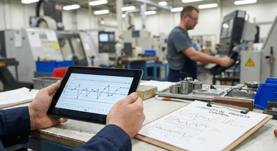 An engineer working in a smart factory with another one reading data of a Statistical Process Control setup.
